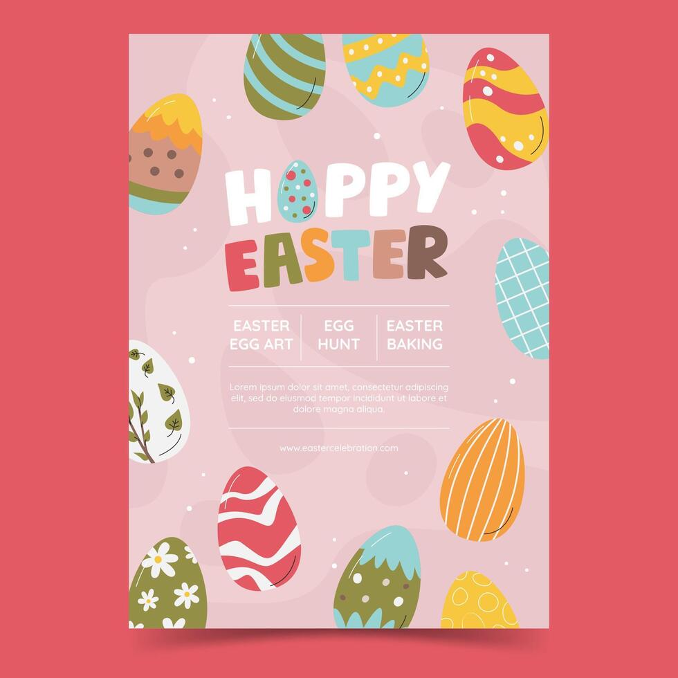 Easter activities invitation vertical template. Holiday poster design. Flyer concept with handwritten lettering. Celebration rectangular banner with Easter eggs. Hand drawn flat vector illustration