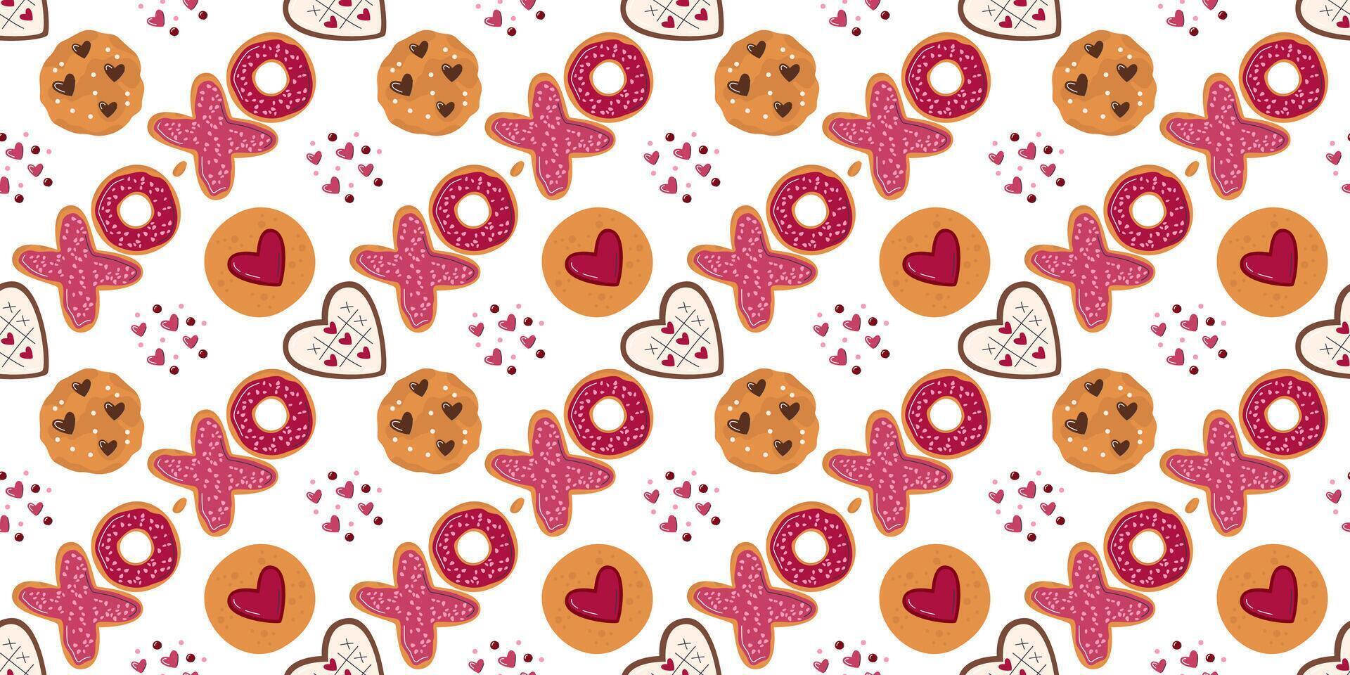 Sweet treats seamless pattern horizontal concept design isolated. Xo-xo donuts, coffee cookie and gingerbread cookie with tic tac toe glaze. Valentine's dessert hand drawn flat vector illustration
