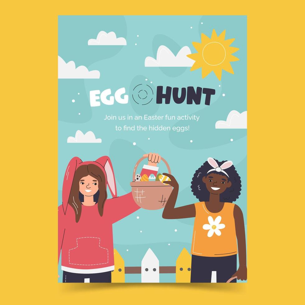 Easter vertical poster concept. Diversity kids character design. Holiday and celebration flyer template with teen girls. Funny activity invitation banner. Egg hunt hand drawn flat vector illustration