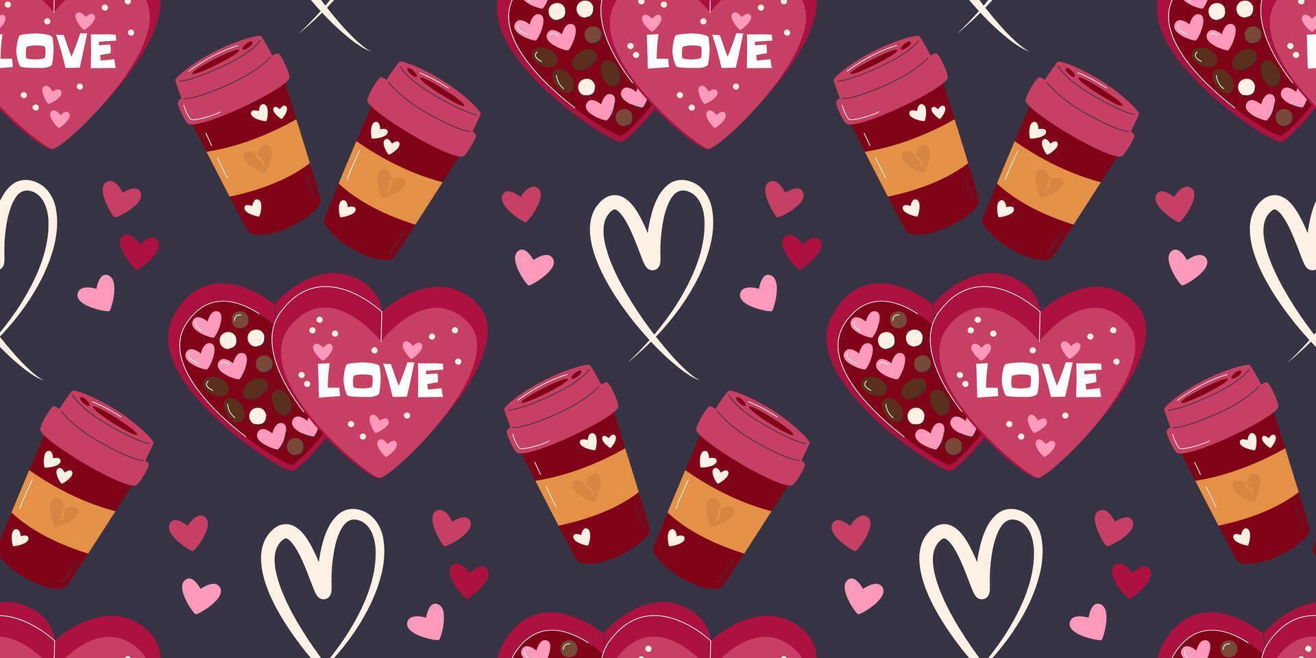 Cute box of chocolates bites and two coffee cups with heart shaped vapor. Sweet food seamless pattern concept design. Valentine's Day hand drawn flat vector illustration isolated on dark background