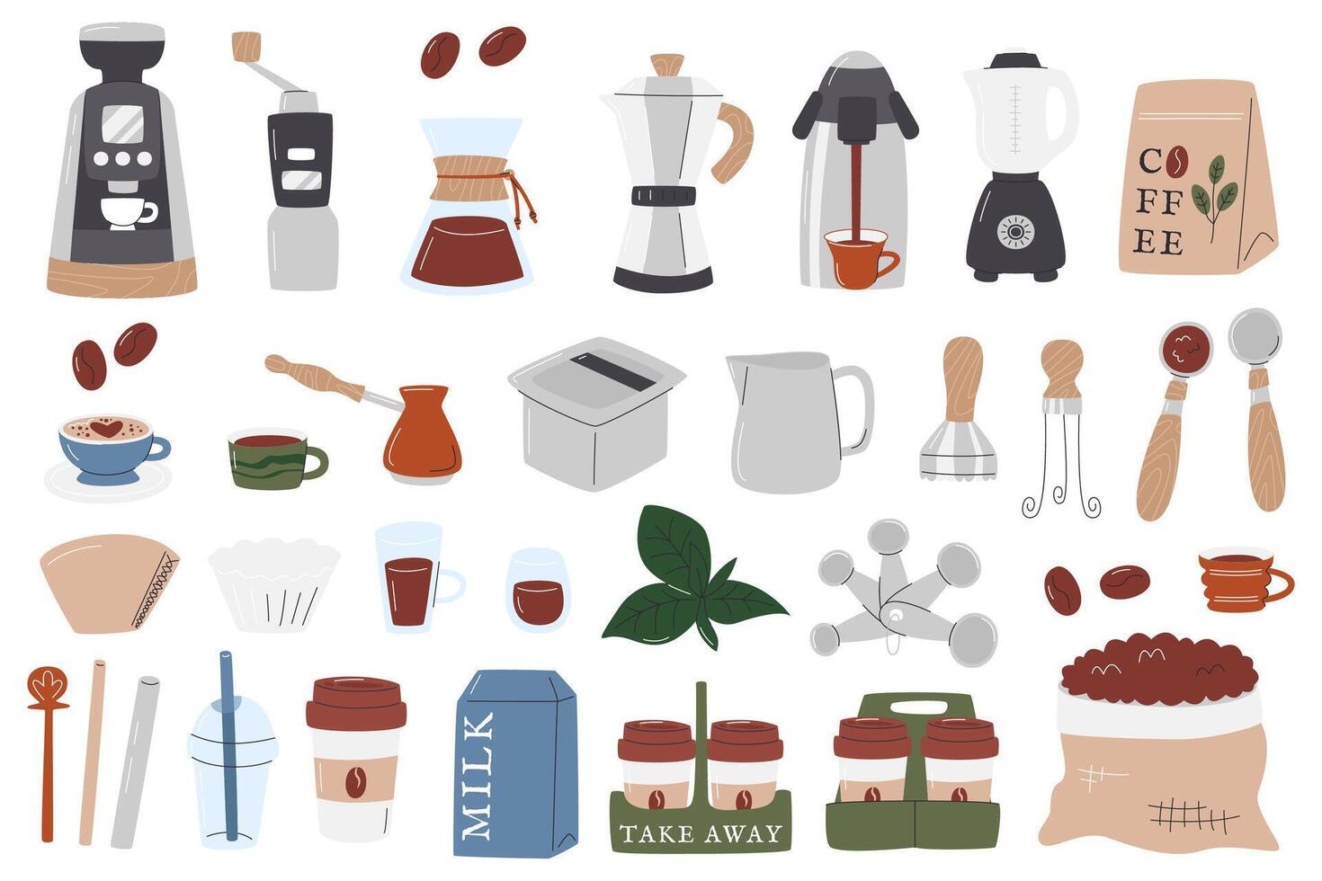 Barista accessories and tool set. Different coffee design elements. Coffeehouse equipment collection isolated on white. Coffee paper and plastic to-go supplies. Hand drawn flat vector illustration