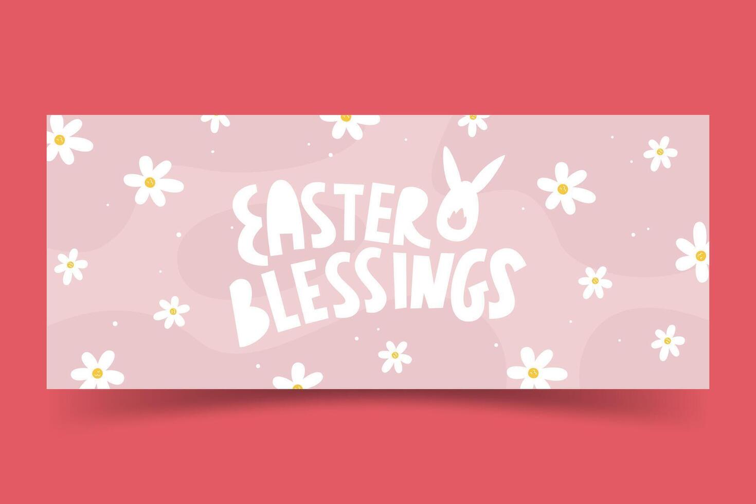 Easter blessings modern lettering art. Pink banner with flowers and decorated eggs.  Greeting flyer template concept design. Holiday wishing horizontal card. Easter hand drawn flat vector illustration