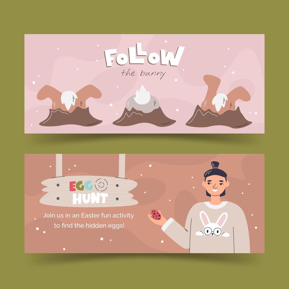 Follow the bunny lettering and font concept design. Invitation banner templates with bunny paws and fluffy tail. Asian kid having fun in egg hunt Easter activity. Hand drawn flat vector illustration