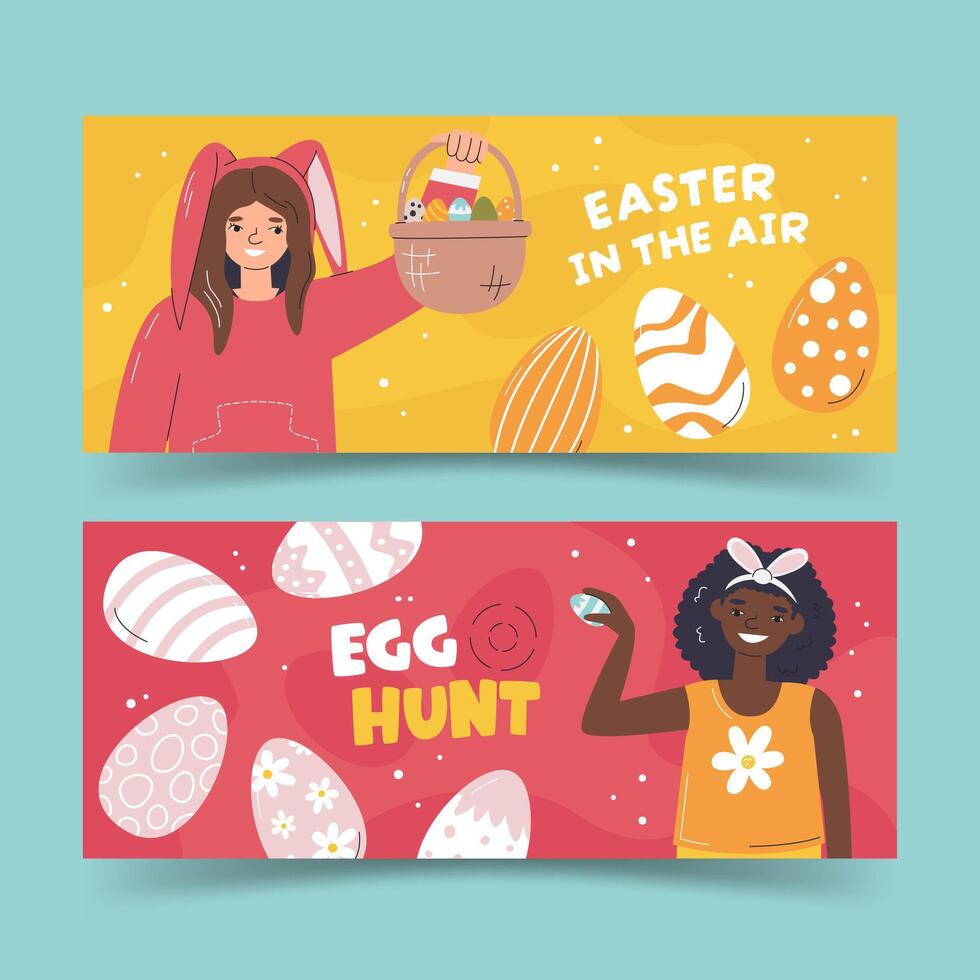 Two horizontal banners with girls and Easter eggs. Fun activity egg hunt. Caucasian and african american character design. Rectangular template. Easter in the air hand drawn flat vector illustration