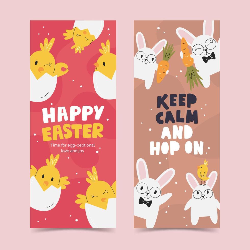 Happy Easter banner design with various chicks. Vertical flyer template concept with funny bunny personages. Easter handwritten cute lettering. Animal character hand drawn flat vector illustration
