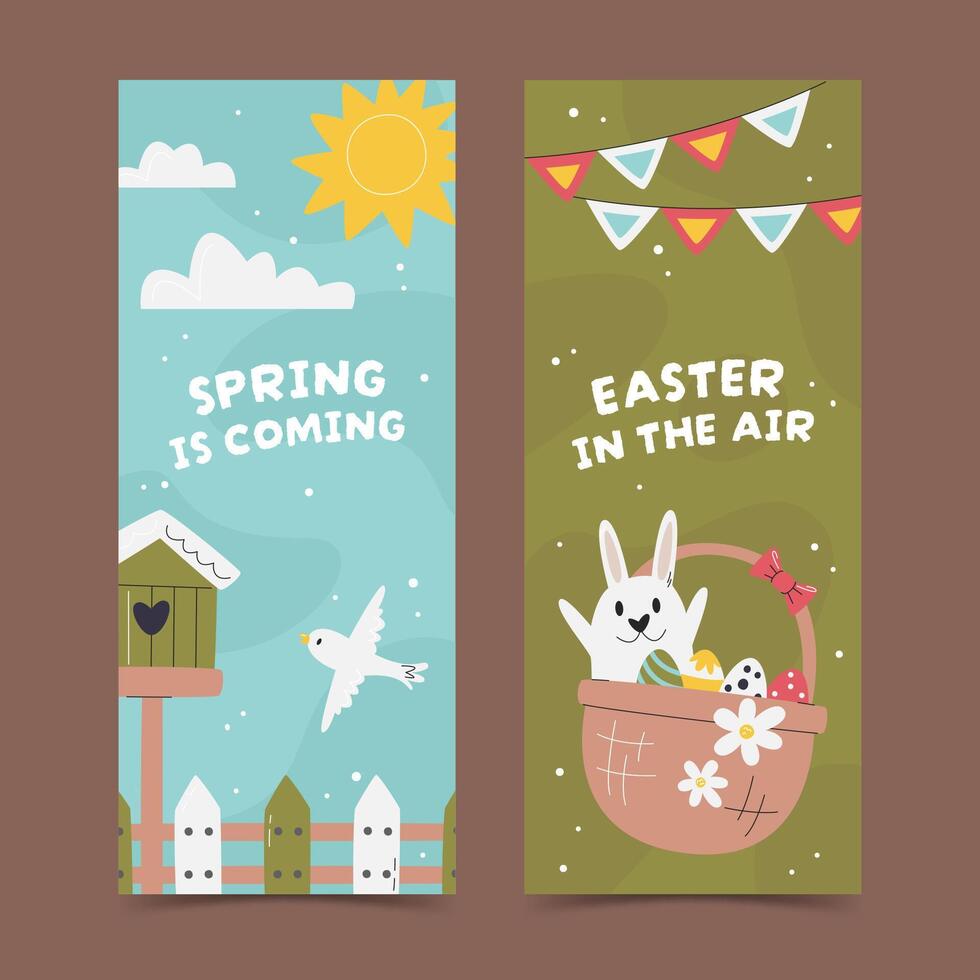 Spring is coming flyer design with birdhouse in sunny day. Easter in the air vertical banner concept with bunny and basket. Two rectangular templates. Springtime hand drawn flat vector illustration