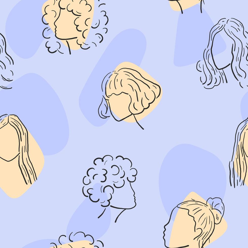 Hand drawn simple woman faces seamless pattern with purple and beige spots vector
