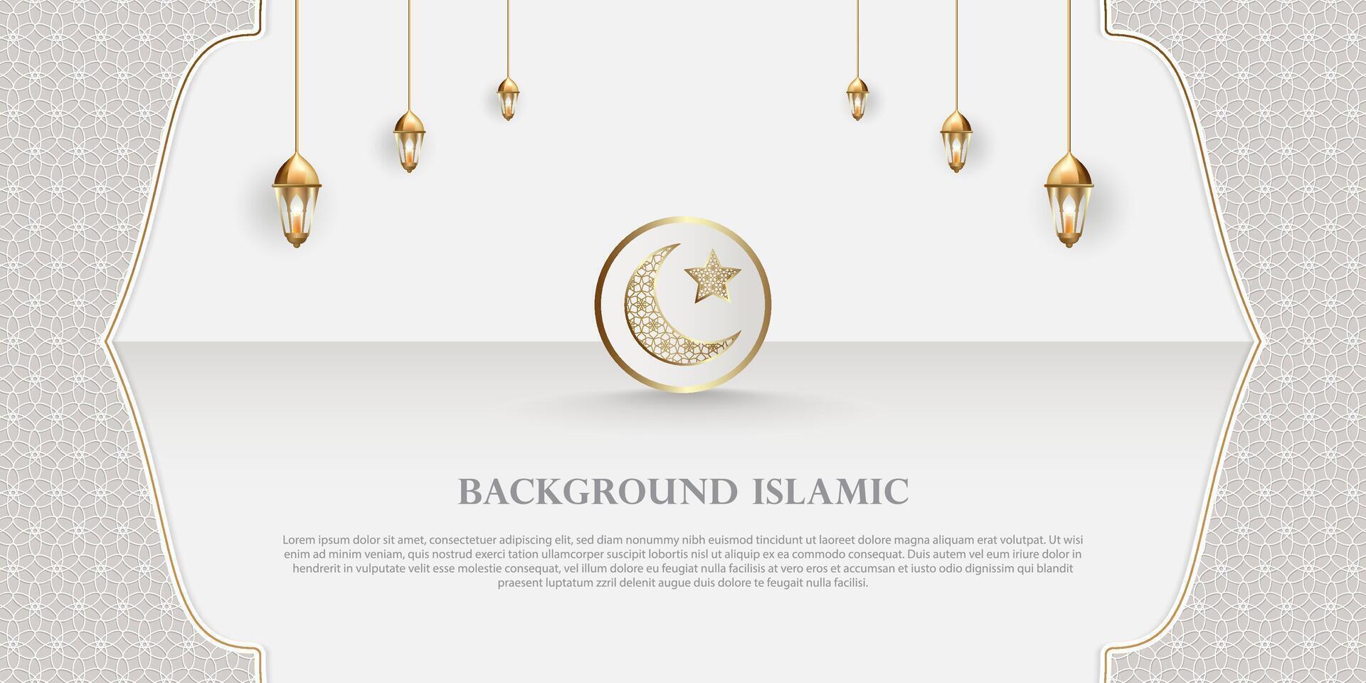 Islamic theme banner background, Arabic pattern ornaments. White color with luxurious gold silhouette. Decoration design element vector