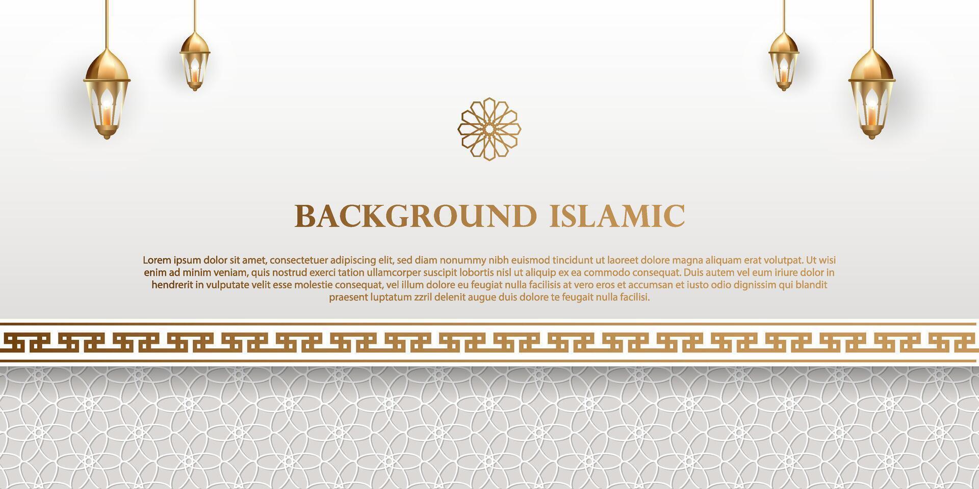 Islamic theme banner background, Arabic pattern ornaments. White color with luxurious gold silhouette. Decoration design element vector