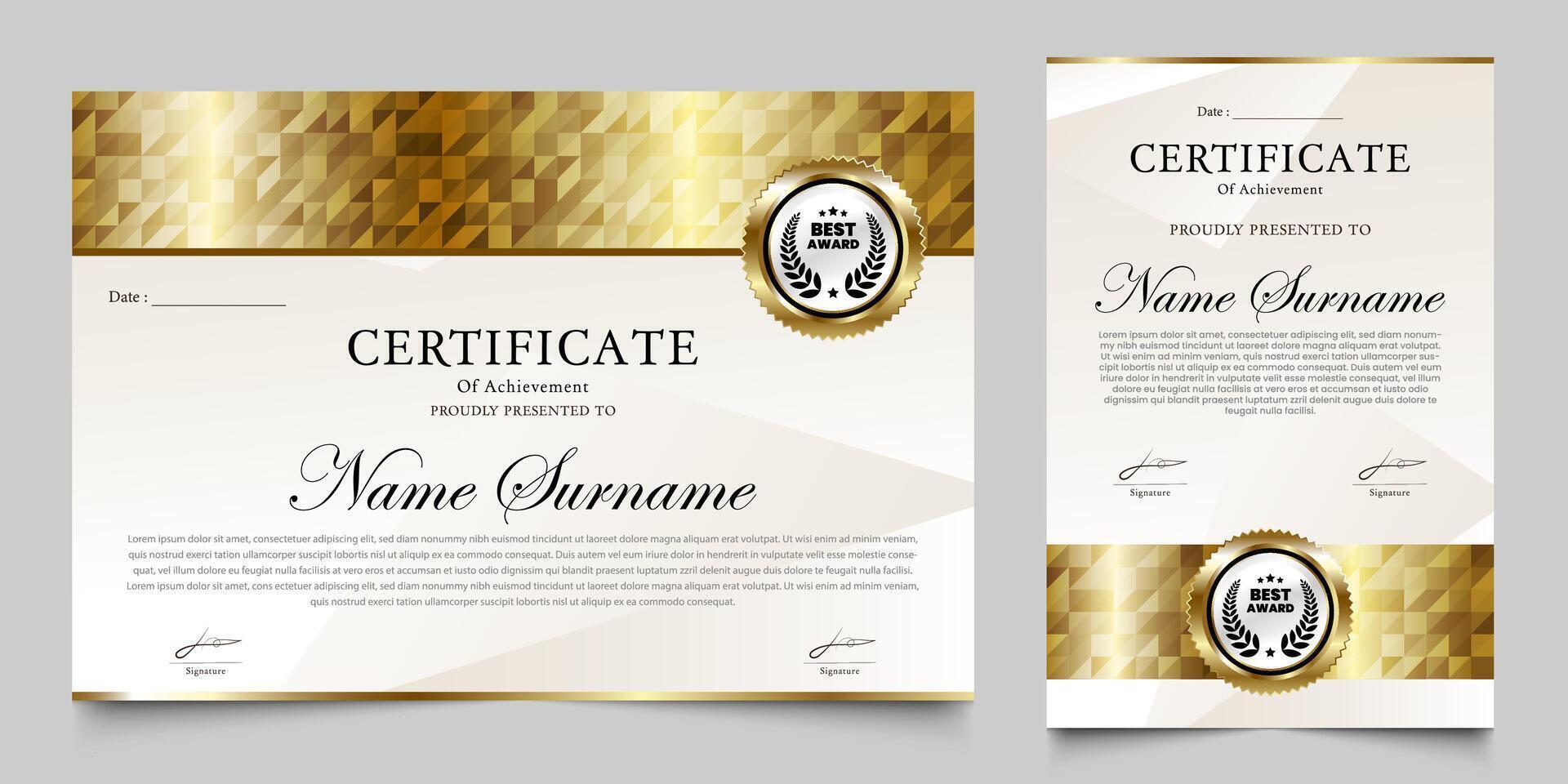premio certificado con un lujoso oro geométrico mosaico antecedentes. graduación diseño elementos, mejor empleados y otros vector