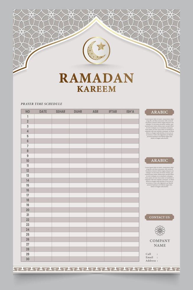 Ramadan holy month calendar schedule. Posters or banners for prayer, fasting and breaking the fast. vector