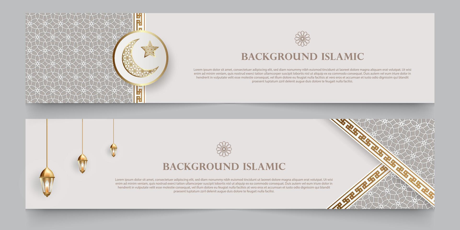 Islamic theme banner background, Arabic pattern ornaments. White color with luxurious gold silhouette. Decoration design element vector