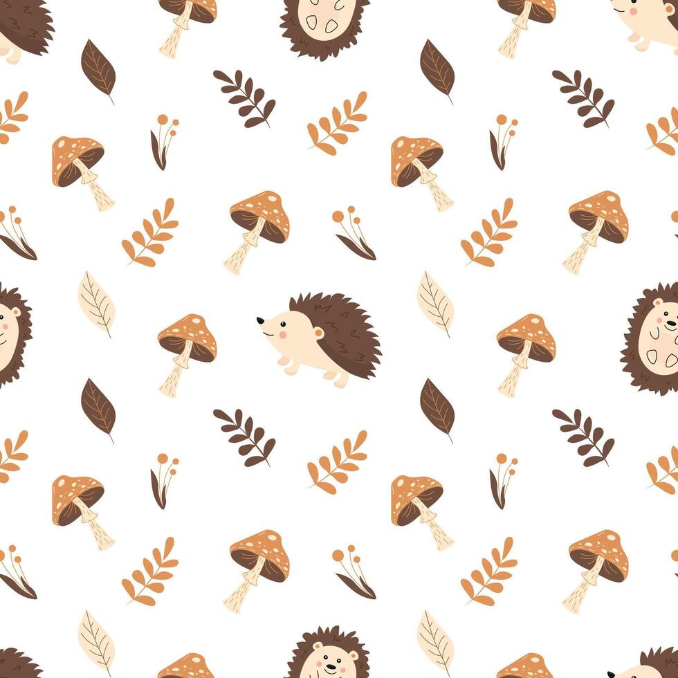 Autumn seamless pattern with cute hedgehogs, leaves and mushrooms on a white background. Childish background for fabric, wrapping paper, textile, wallpaper and apparel. Vector Illustration