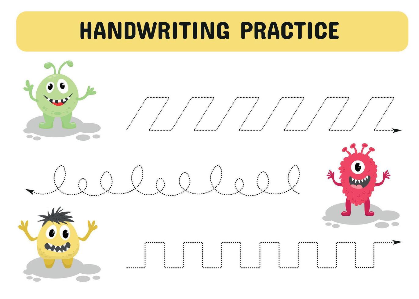 Handwriting practice sheet with  monsters. Educational children game. Tracing lines. early education worksheet for kids.Vector illustration vector