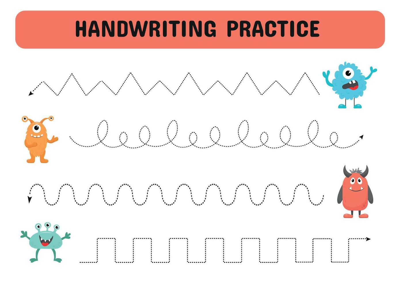 Handwriting practice sheet with monsters. Educational children game