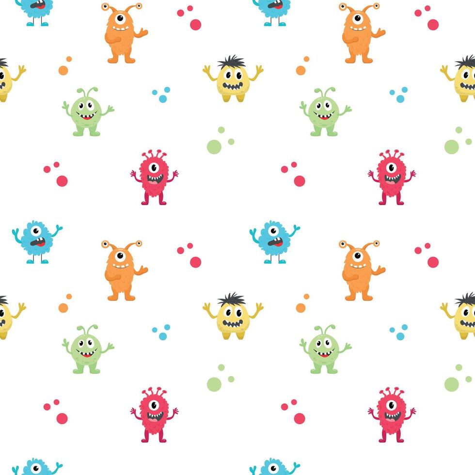 Seamless pattern with colorful monsters on a white background. Pattern for children's clothing, covers for notebooks and more. Vector illustration