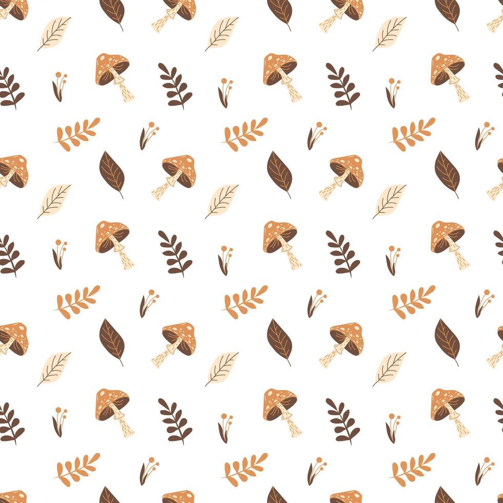 Autumn seamless pattern with leaves and mushrooms on a white background. Pattern for fabric, wrapping paper, textile, wallpaper and clothing. Vector illustration