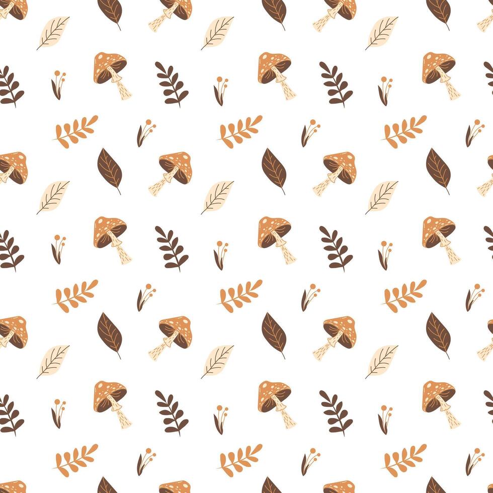 otoño sin costura modelo con hojas y hongos en un blanco antecedentes. modelo para tela, envase papel, textil, fondo de pantalla y ropa. vector ilustración