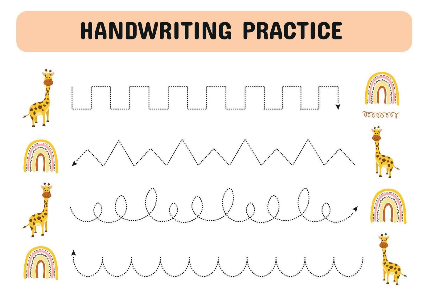 Sheet for handwriting with cute giraffes and rainbows. Children's educational game. Drawing lines. early education worksheet for children. vector