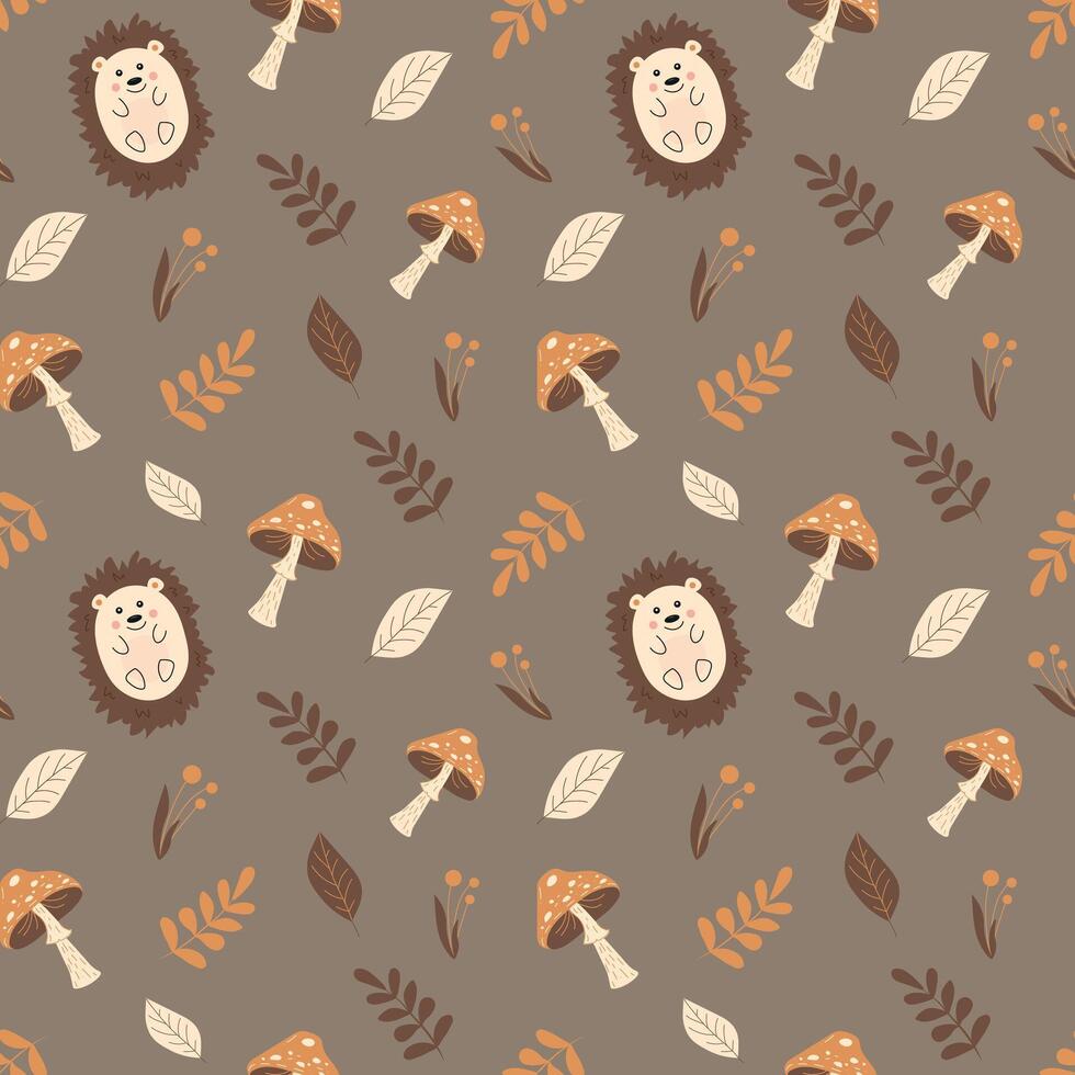 Autumn seamless pattern with cute hedgehogs, leaves and mushrooms on a brown background. Pattern for fabric, wrapping paper, textile, wallpaper and clothing. Vector illustration