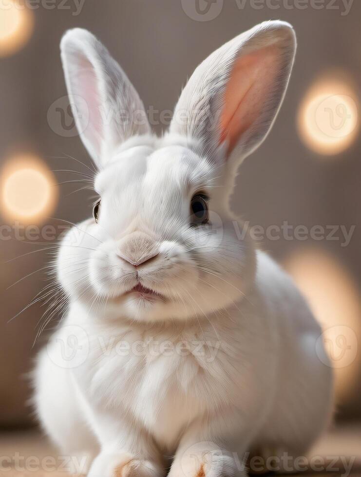 AI generated Photo Of Cute Animal Pet Rabbit Or Bunny White Color Smiling And Laughing Isolated With Easter Background. AI Generated