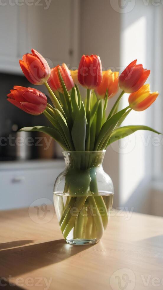 AI generated Photo Of A Vase Of Tulips On A Wooden Table In An Kitchen Full Of Sunshine Bright Kitchen Interior Background Spring Mood. AI Generated