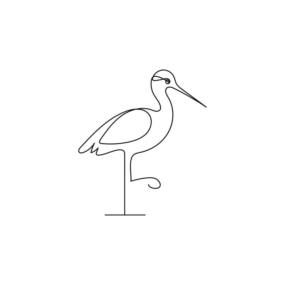 Vector heron bird continuous line art illustration on white background and minimalist