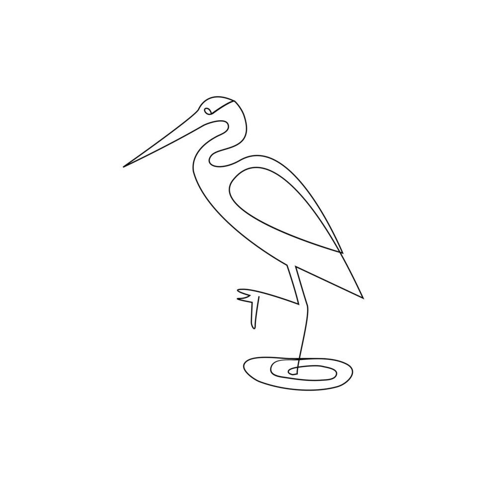 Vector heron bird continuous line art illustration on white background and minimalist