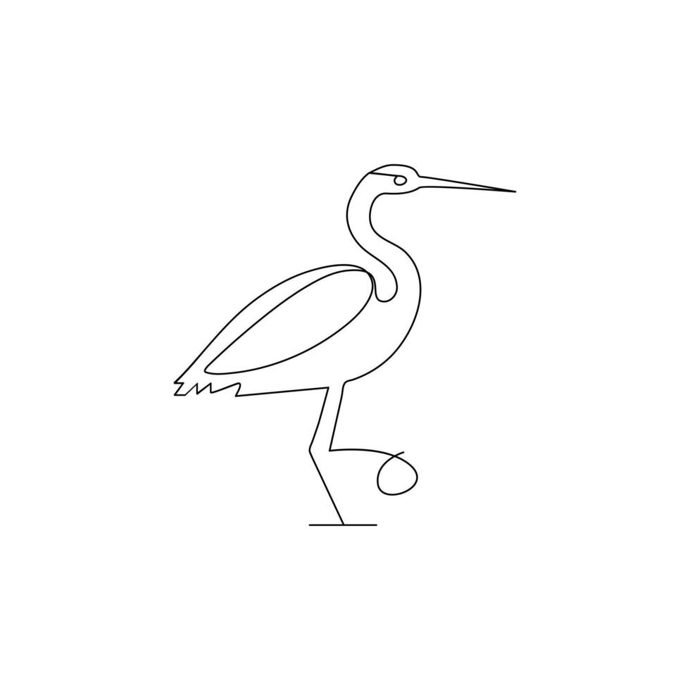 Vector heron bird continuous line art illustration on white background and minimalist