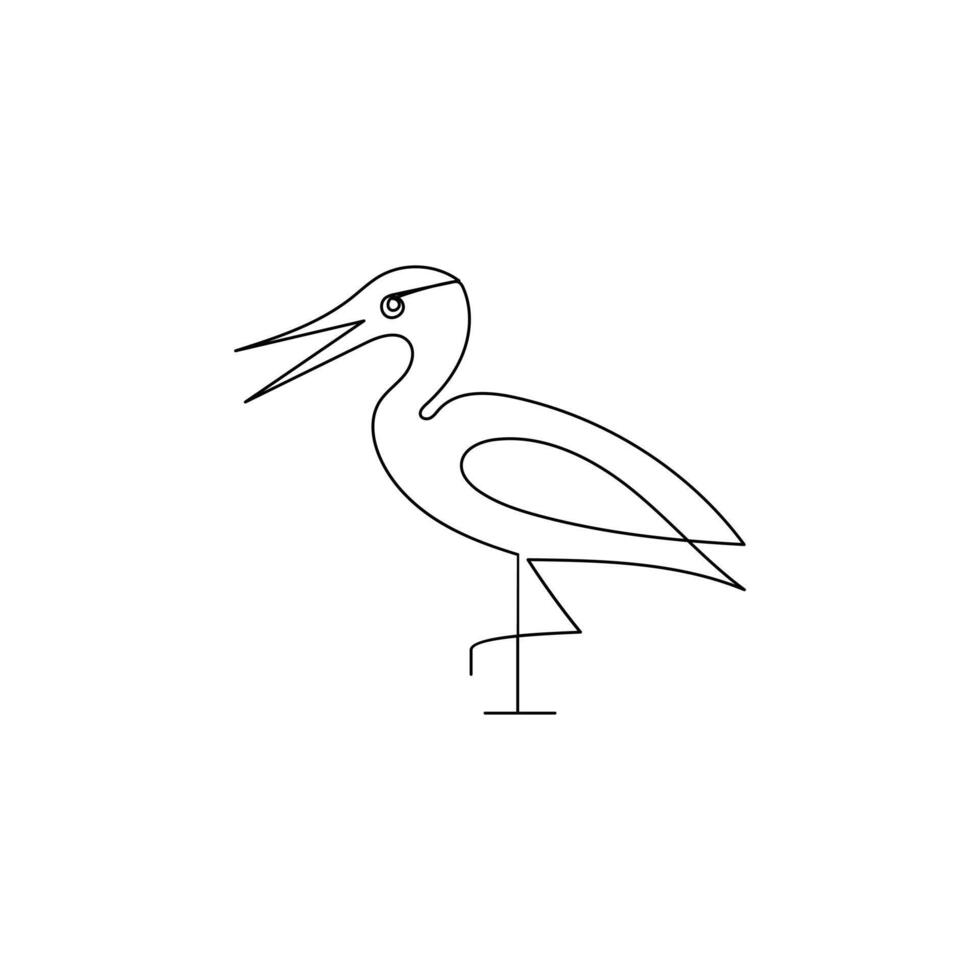 Vector heron bird continuous line art illustration on white background and minimalist