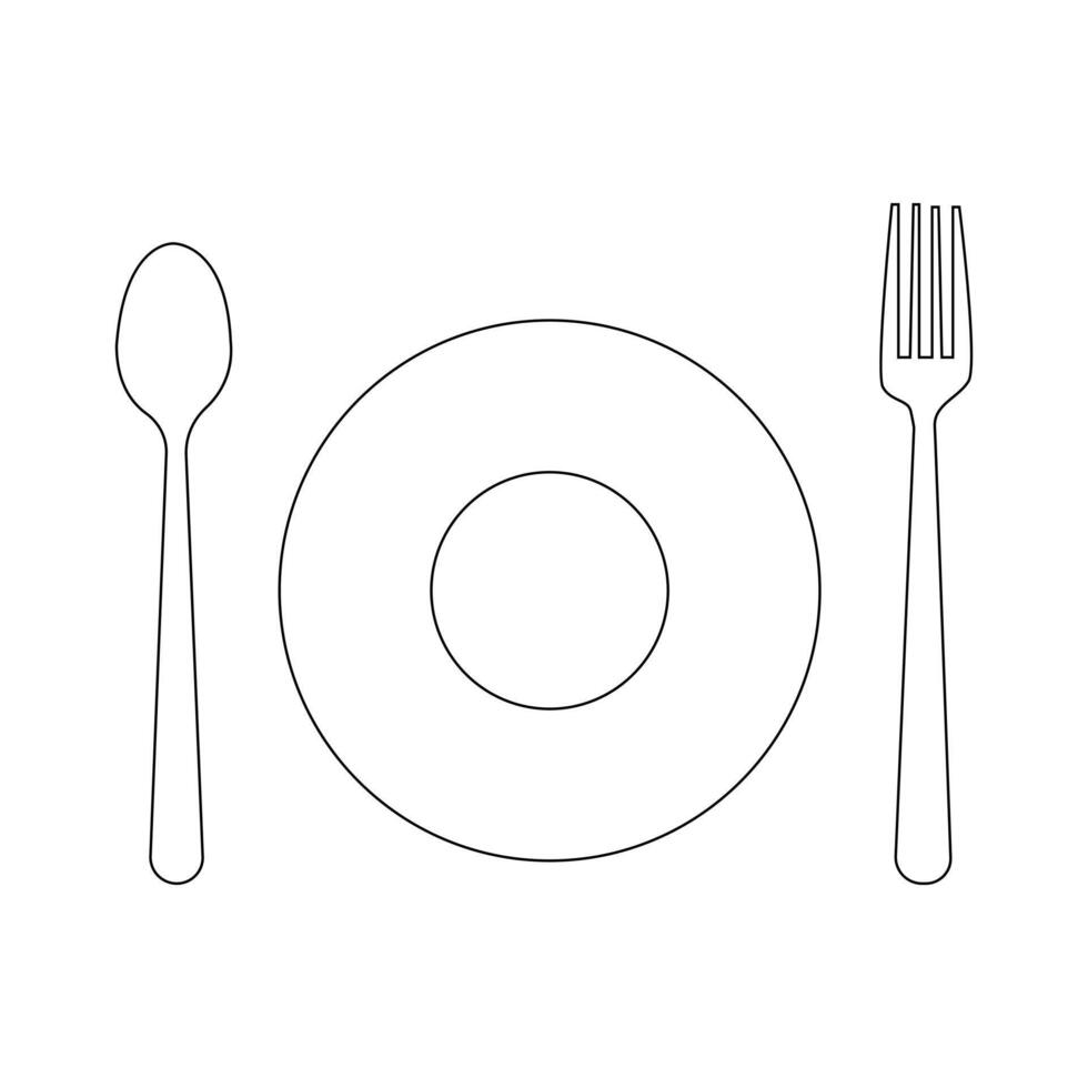 Vector Spoon, fork and plate  continuous one line drawing on white background stock illustration