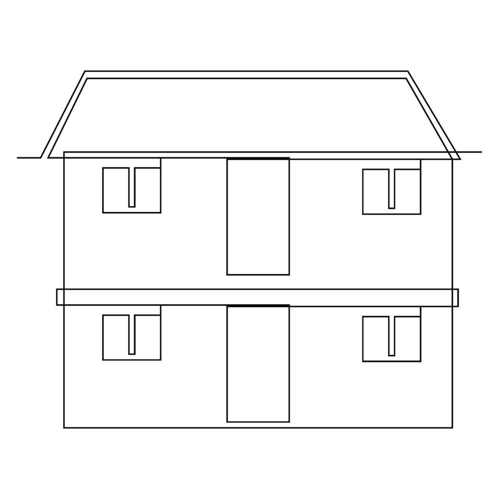 Detached family house in one continuous line art outline drawing isolated on white background pro Vector illustration