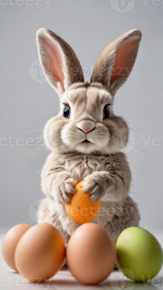 ai generado foto de Pascua de Resurrección conejito sostiene un huevo en un blanco antecedentes. ai generado