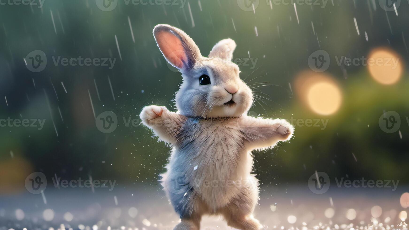 AI generated Photo Of Dancing Bunny In Watercolor Rain Whimsical Raindrops Playful Splashes Digital Illustration. AI Generated