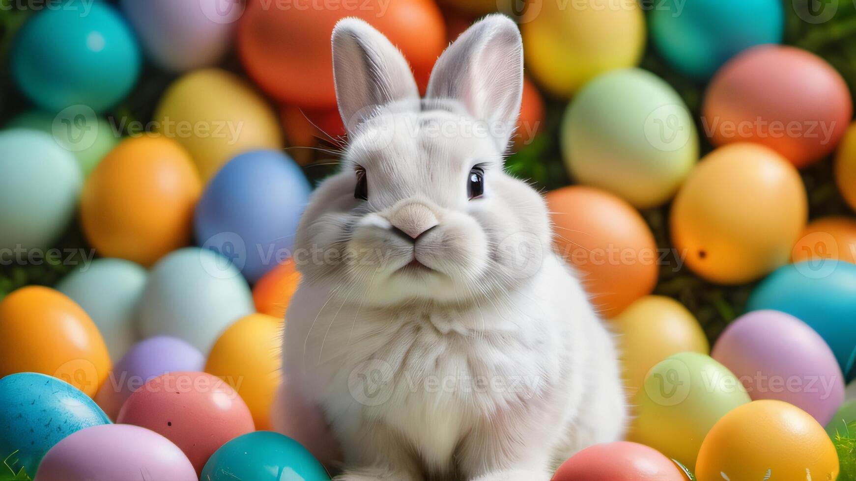 AI generated Photo Of Very Cute Easter Bunny Surrounded By Vibrant Easter Eggs Illustration Of A Bunny As The Protagonist Of A Celebration Full Of Sweetness And Charm. AI Generated