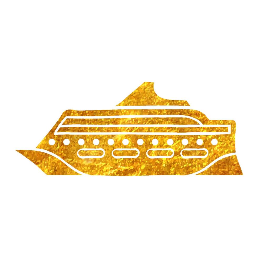 Hand drawn Cruise ship icon in gold foil texture vector illustration