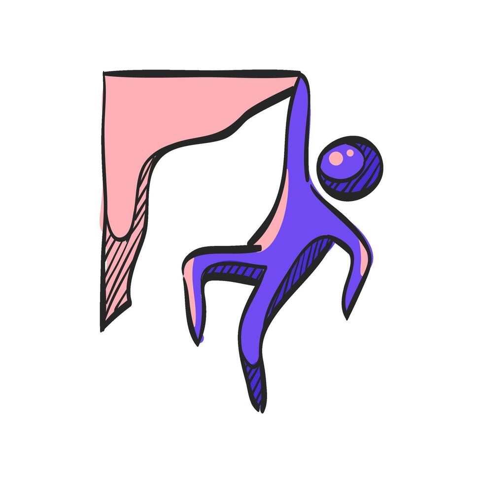 Rock climbing icon in hand drawn color vector illustration