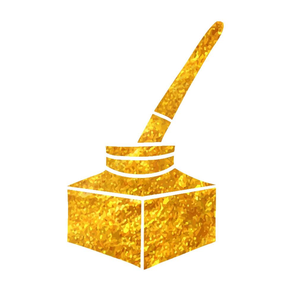 Hand drawn Ink pot icon with brush in gold foil texture vector illustration