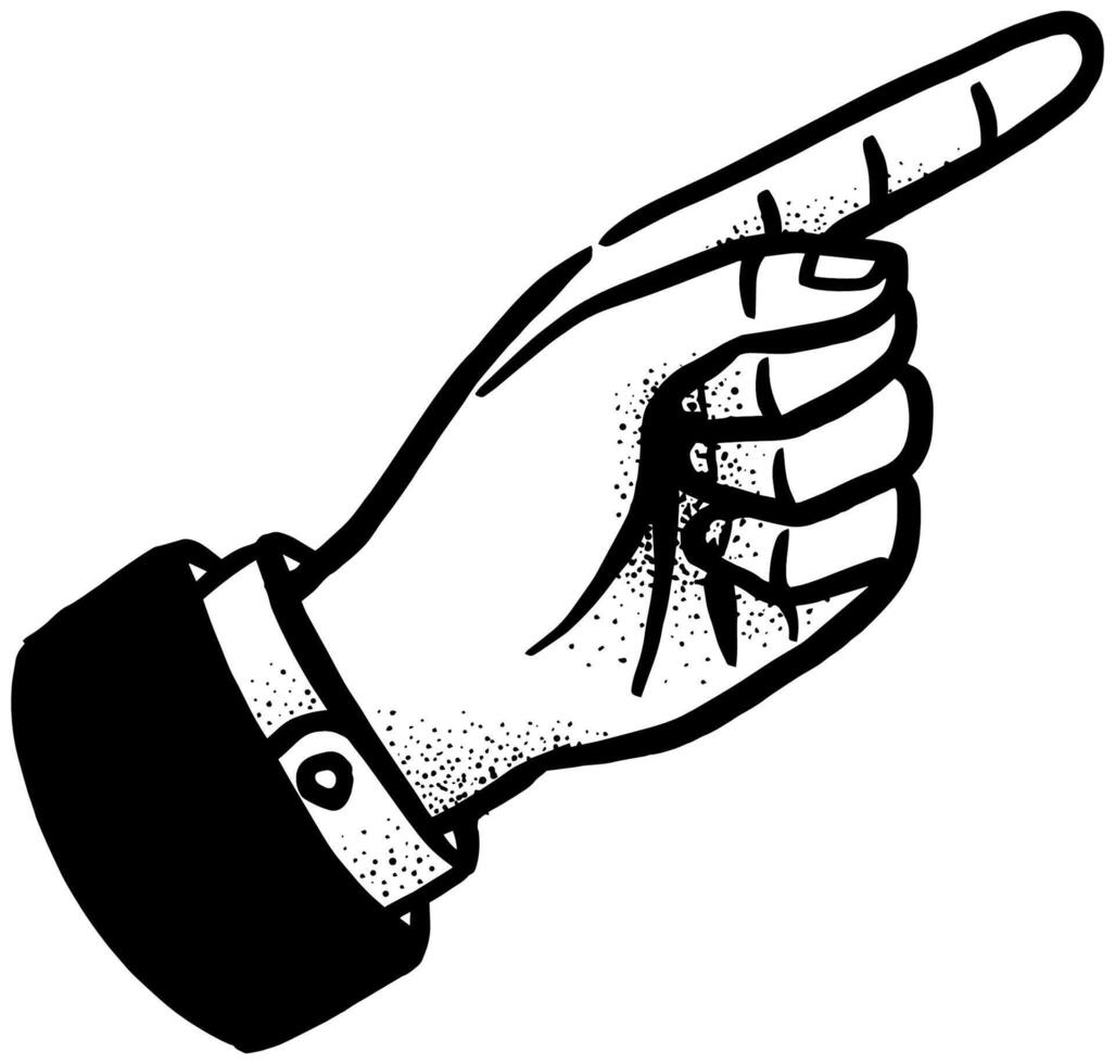 Pointing hand. Black and white vector illustration.