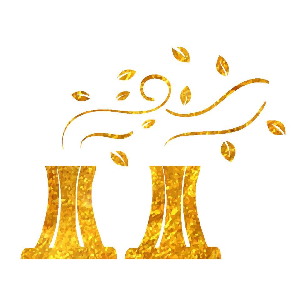 Hand drawn Nuclear plant with leaves icon in gold foil texture vector illustration