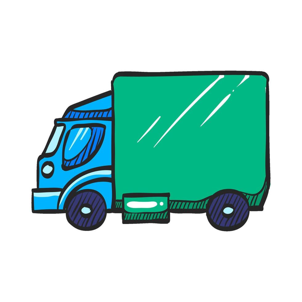 Truck icon in hand drawn color vector illustration