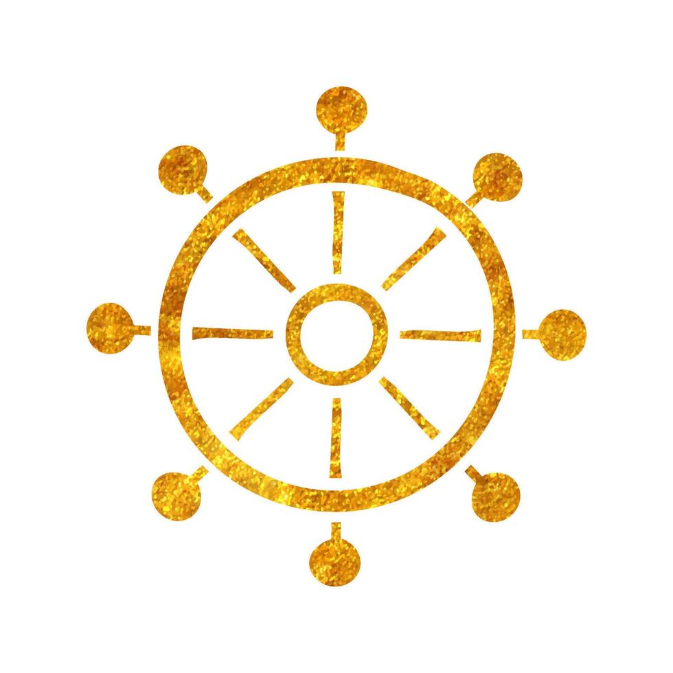 Hand drawn ship steering wheel icon in gold foil texture vector illustration