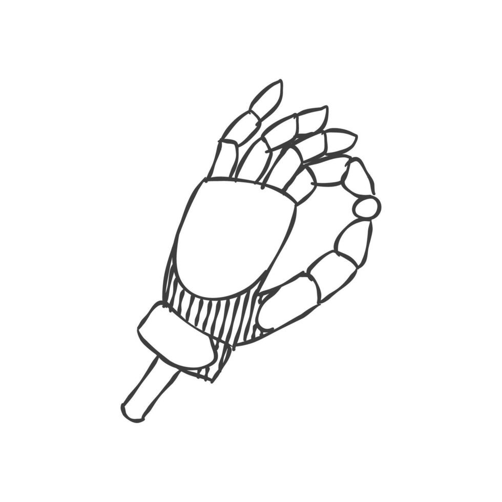 Robotic arm holding small object icon in hand drawn doodle vector