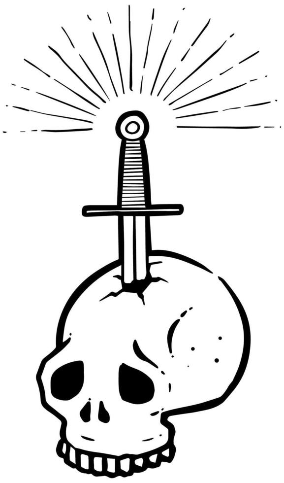hand drawn stabbed skull by a sword. Vector illustration.