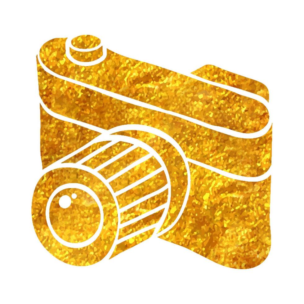 Hand drawn Range finder camera icon in gold foil texture vector illustration