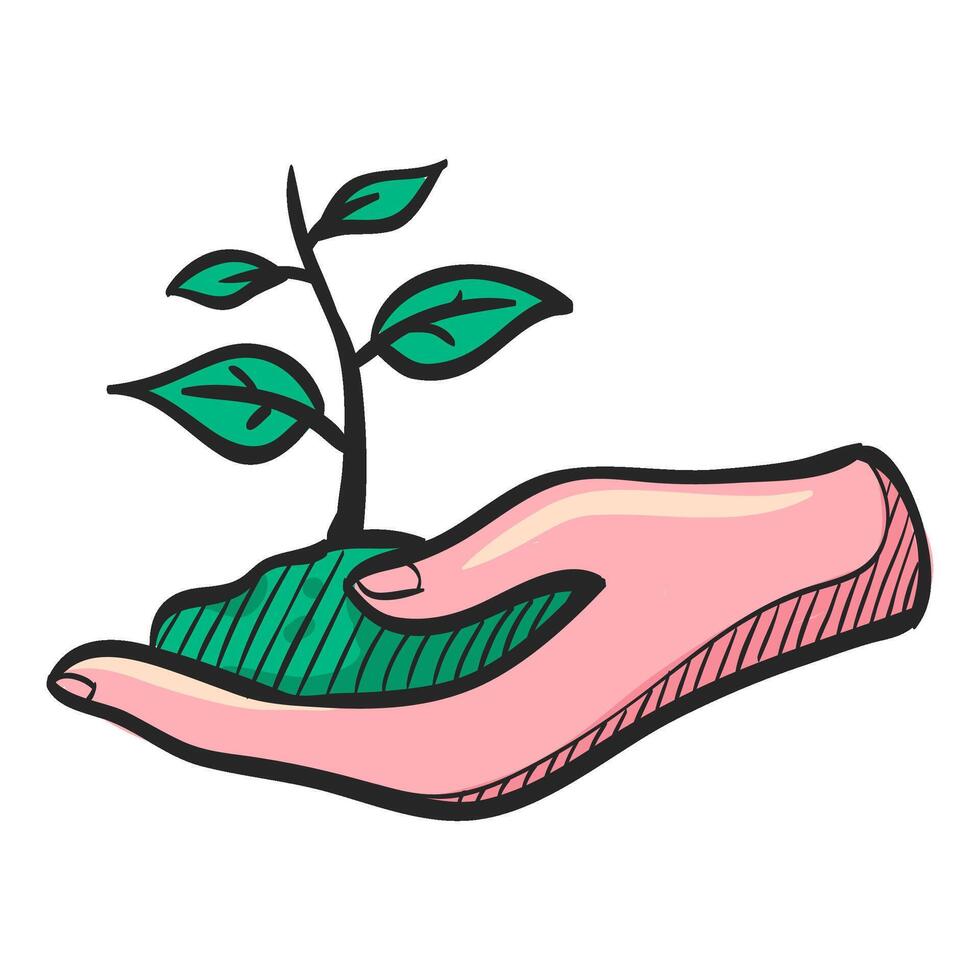 Hand holding tree icon in hand drawn color vector illustration