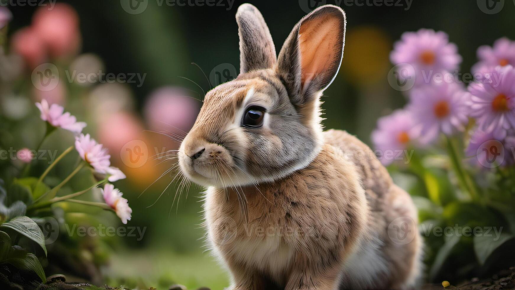 AI generated Photo Of Rabbit And Flowers. AI Generated