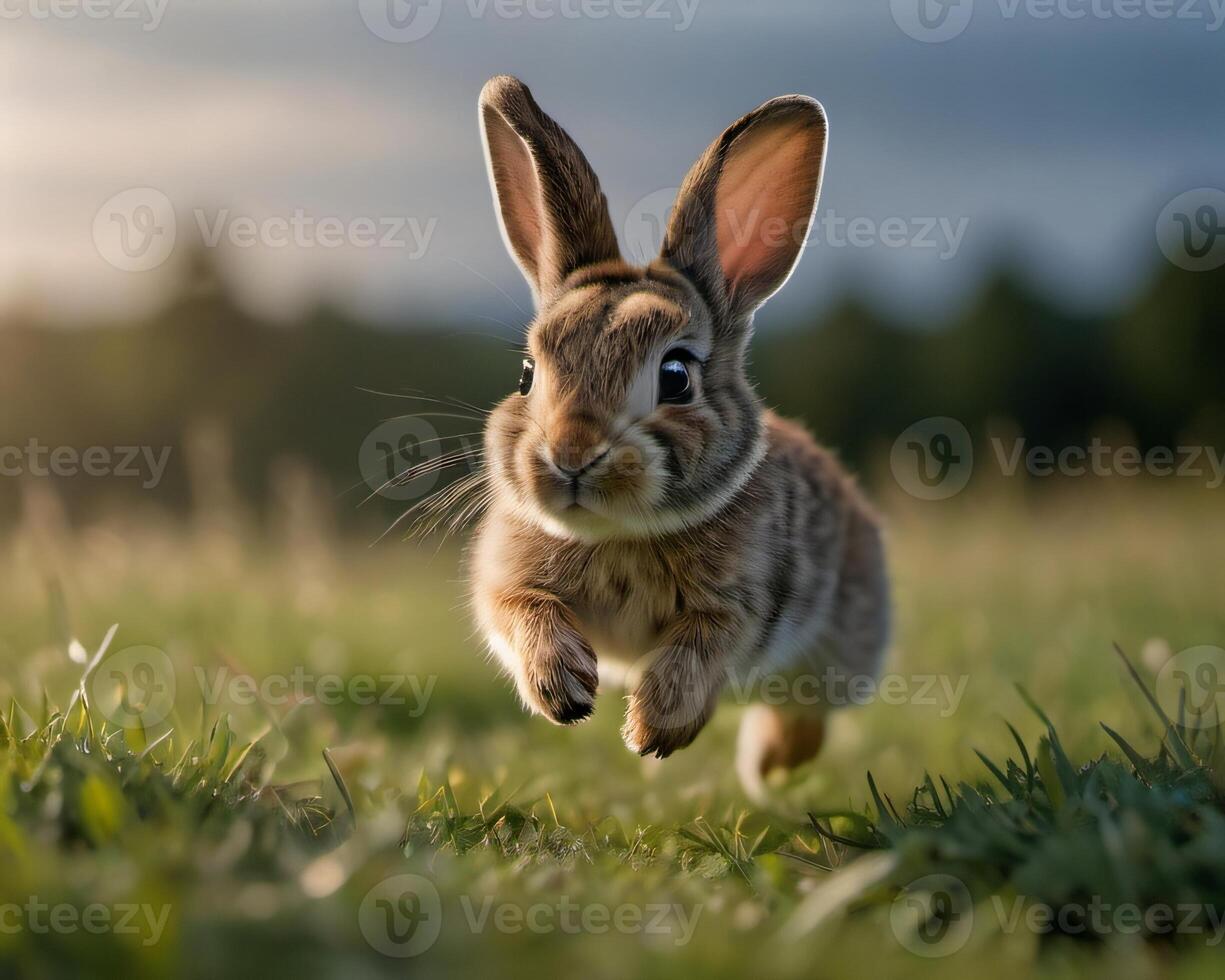 ai generado foto de un bebé Conejo saltando a través de un prado sus nariz espasmos y sus orejas animado arriba. ai generado