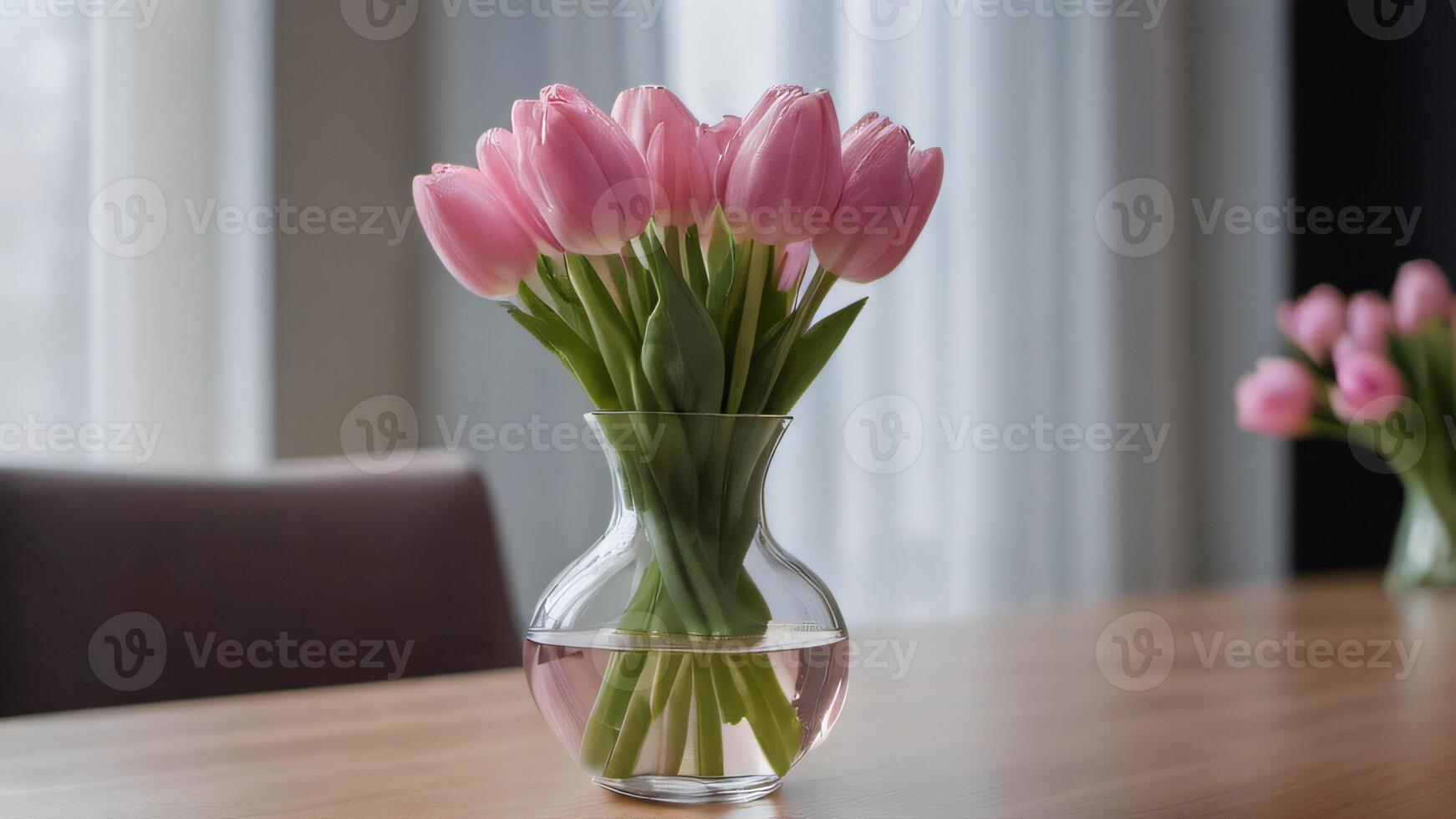 AI generated Photo Of Elegant Interior Glass Vase With Pink Tulip Bouquet On Table Stylish Home Decor. AI Generated