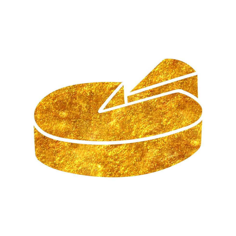Hand drawn pie chart icon in gold foil texture vector illustration